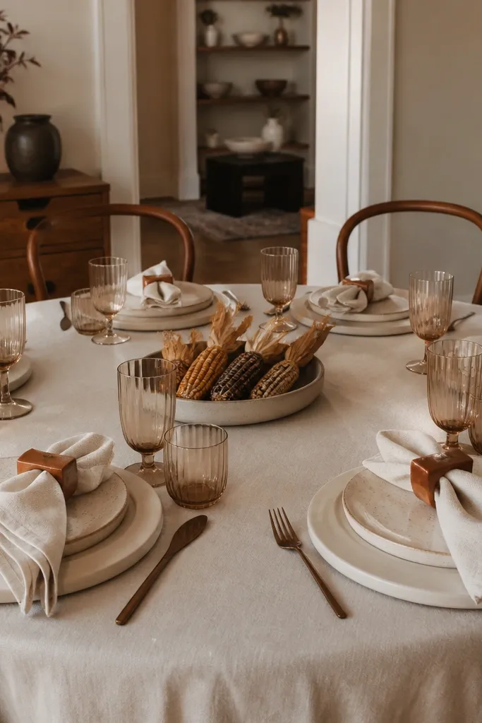 Ivory chargers, terracotta napkin ties, ceramic corn centerpiece, cream plates