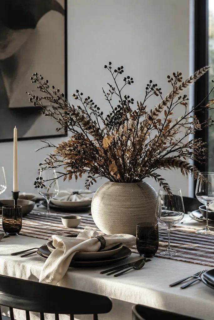 Patterned runner, solid napkins, monochrome centerpiece with branches and feathers