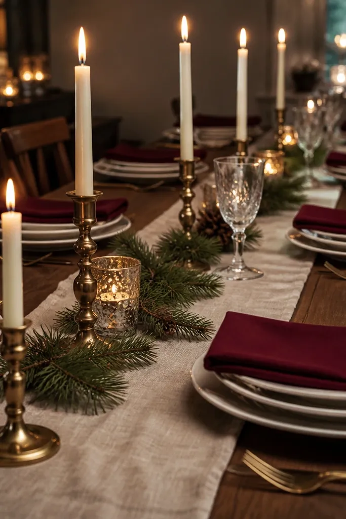 Cream runner, oxblood napkins, brass candle holders, white plates with gold rims