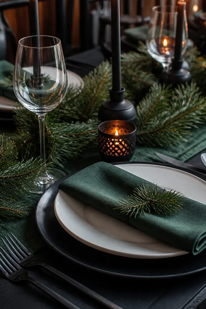 Black chargers, forest green napkins, pine sprigs centerpiece, matte glassware