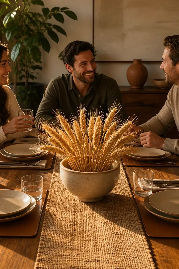 Jute runner, tan leather place mats, cream plates, simple wheat bundle