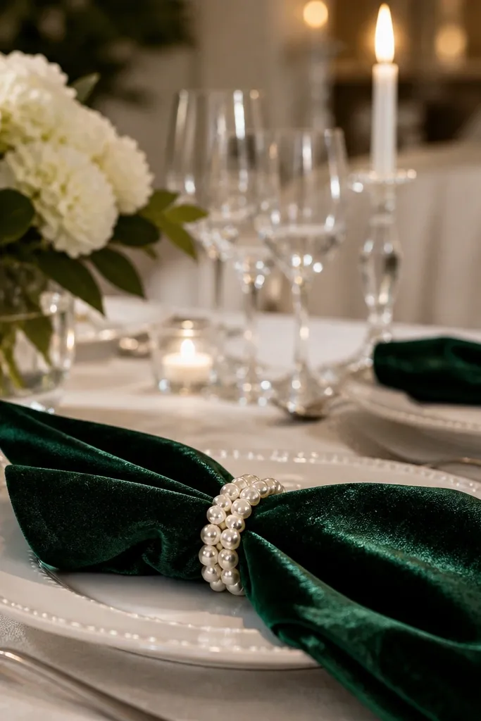 White porcelain plates, dark velvet napkins, pearl-trim candles, soft neutral table