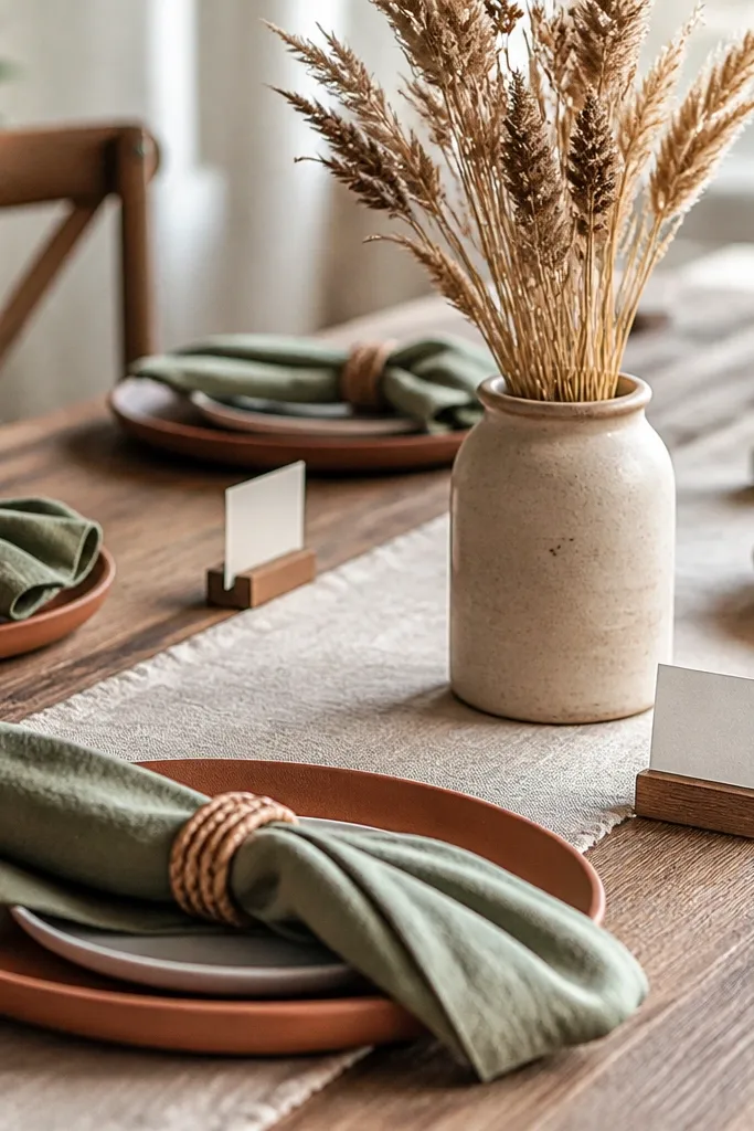 Terracotta plates, sage napkins, handwritten place cards, linen table runner