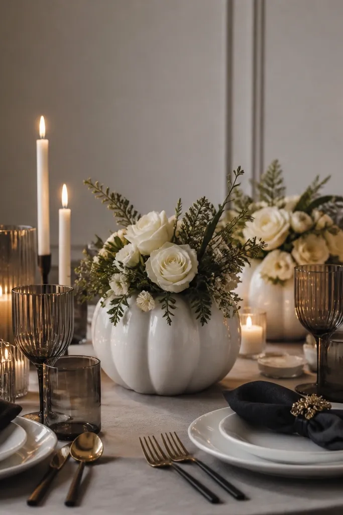 Charcoal napkins, smoky glasses, white pumpkin center with candles