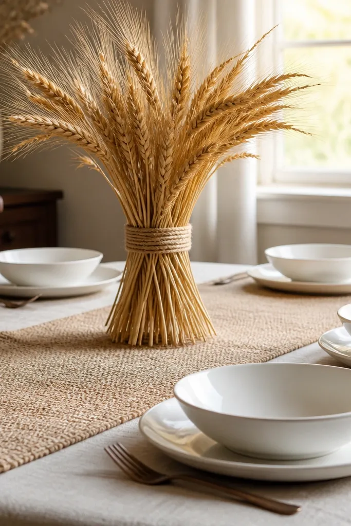 Tan linen runner, wheat decor, white bowls, minimal gold accents