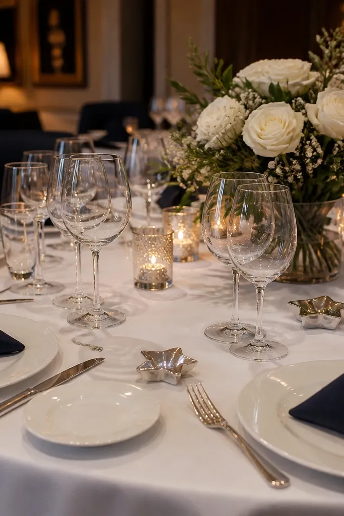 Ivory tablecloth, navy napkins, star butter holders, white plates