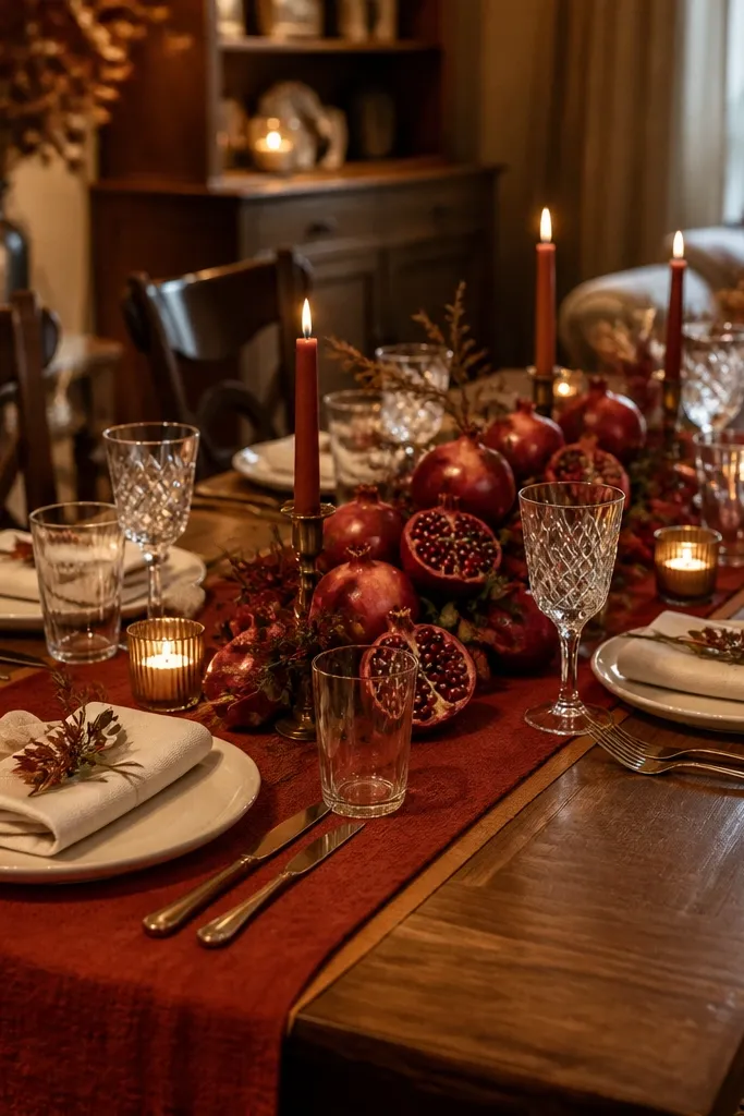 Rust red runner, cream napkins, pomegranate centerpiece, gold cutlery
