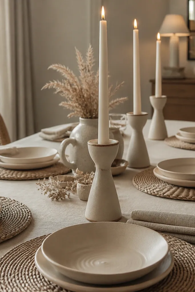 Beige woven placemats, cream plates, tall taper candles, neutral centerpiece