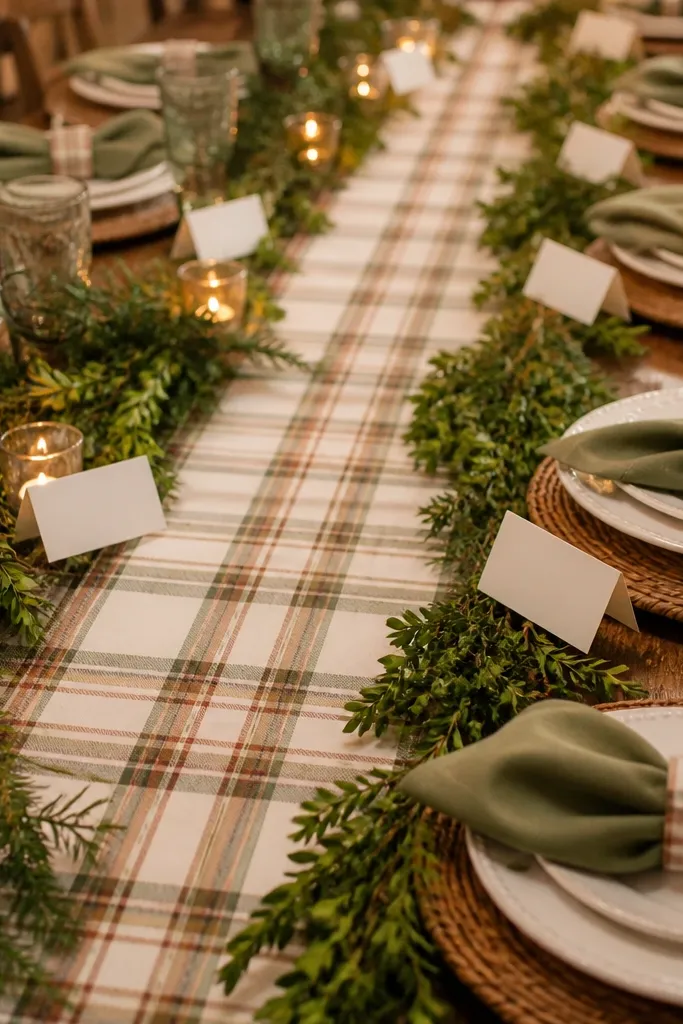 Checked runner, plaid napkin rings, green leaves border, white plates