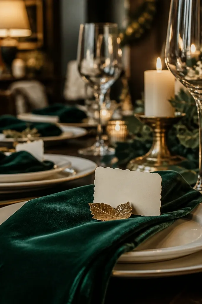 Deep emerald velvet napkins, gold leaf accents, ivory plates, candlelight