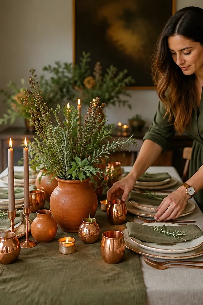 Copper accents, cream napkins with sage sprigs, terra-cotta vessels, white plates