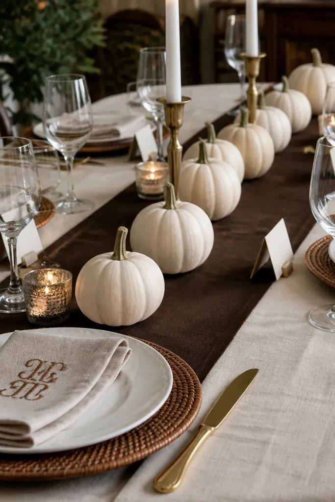 Espresso runner, monogrammed napkins, white pumpkin mini centerpiece, gold candlesticks