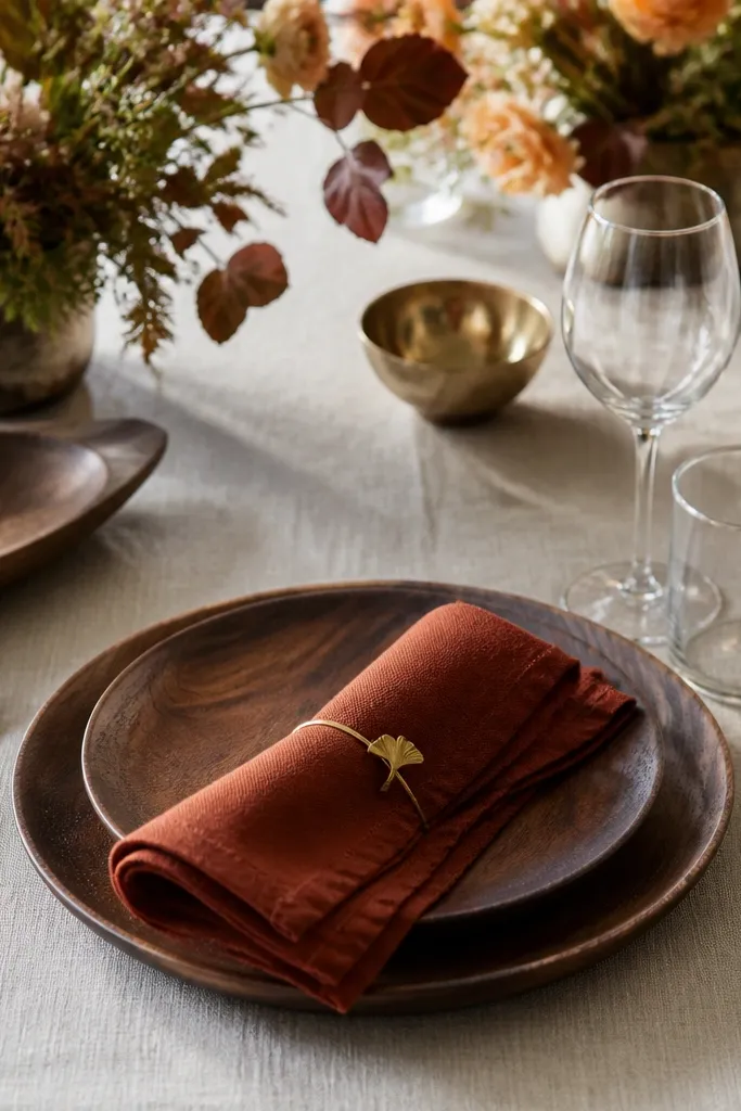 Cream linen tablecloth, walnut-toned plates, rust napkins stacked with small gold accents