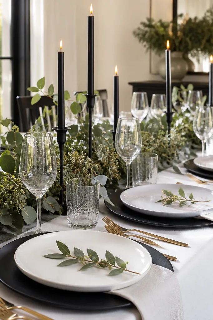 Black chargers under white plates with green sprig runner and black candles