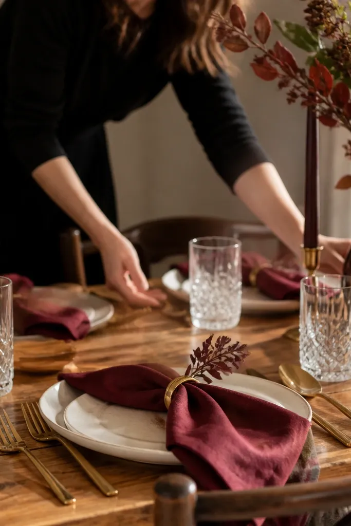 Clear glass tumblers, antique gold cutlery, cranberry napkins, and warm white plates