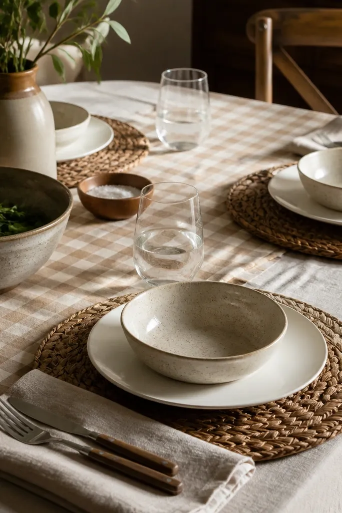 Cream-and-brown check runner, stoneware bowls, simple white plates, and woven textures