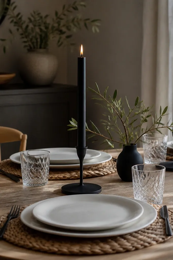White plates, woven placemats, matte black candles, and minimal decor
