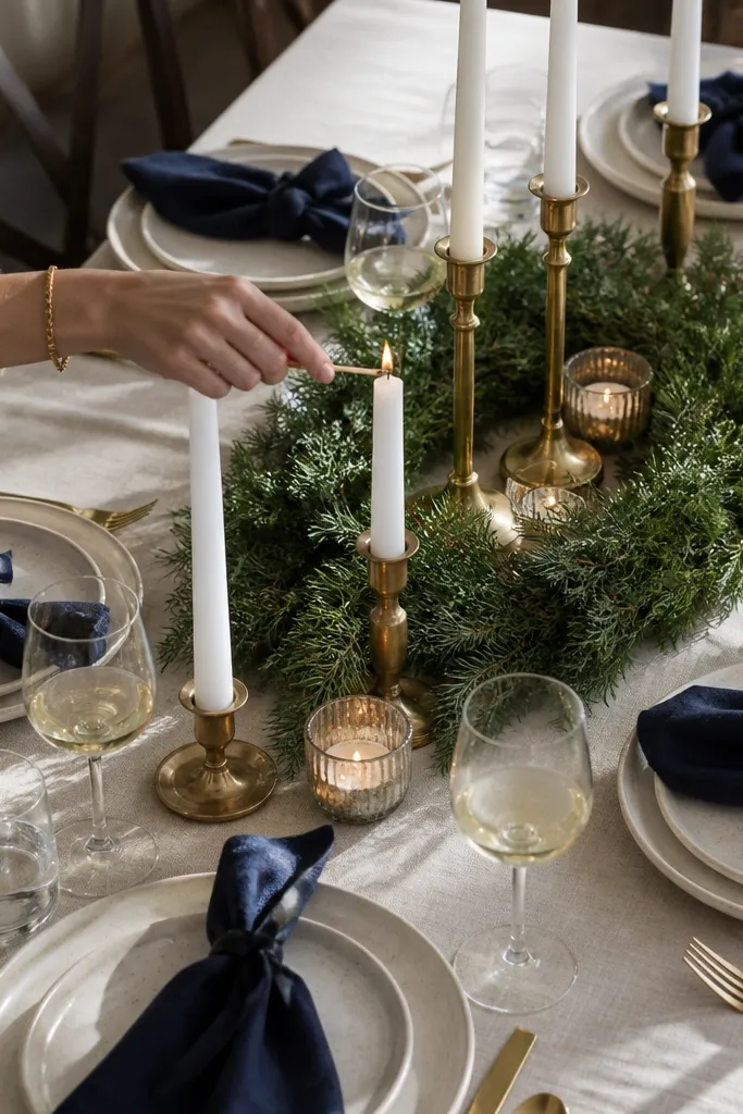 Navy napkins tied with small bows, brass candle holders, evergreen ring centerpiece