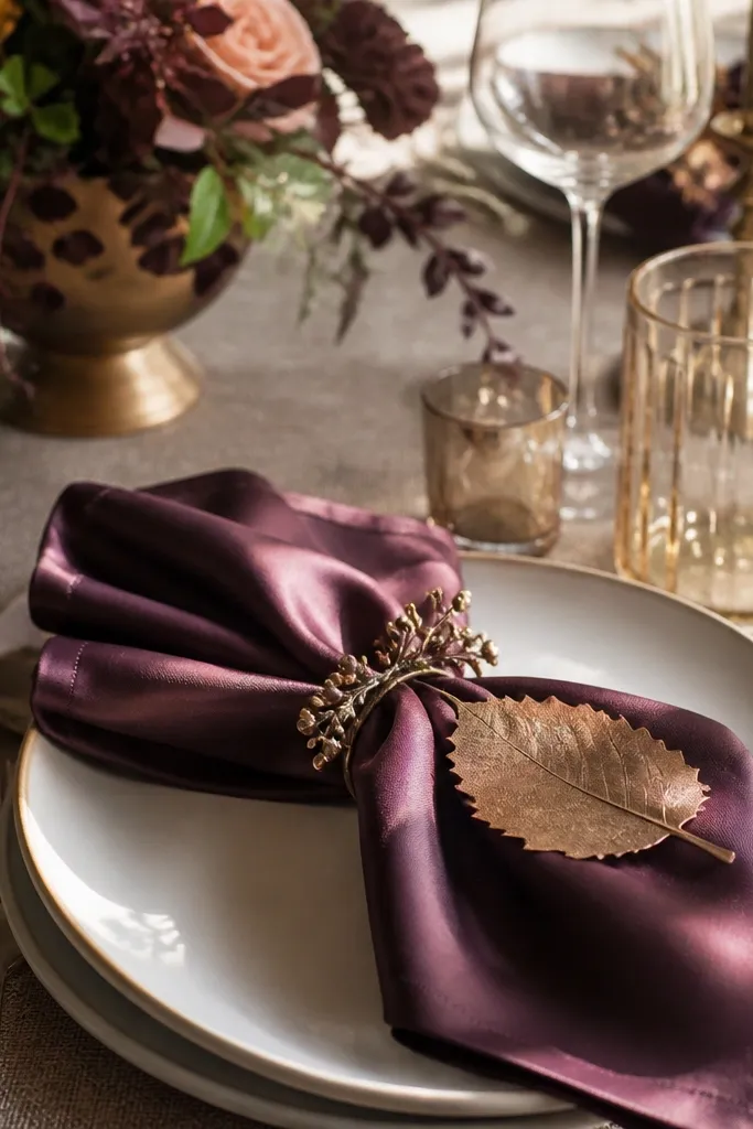 Plum napkins with soft sheen, champagne table accents, leaf-shaped place cards