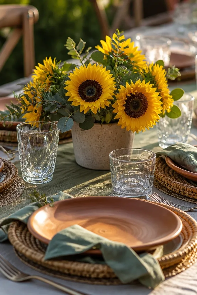 Rattan chargers under terracotta plates with short sunflower centerpiece