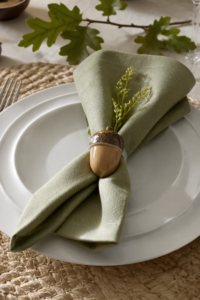 White porcelain plates, sage napkins, ceramic acorn napkin holders