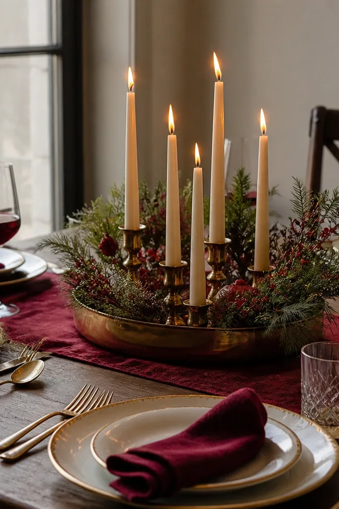 Cranberry red runner, gold rim plates, taper candles in a low tray centerpiece