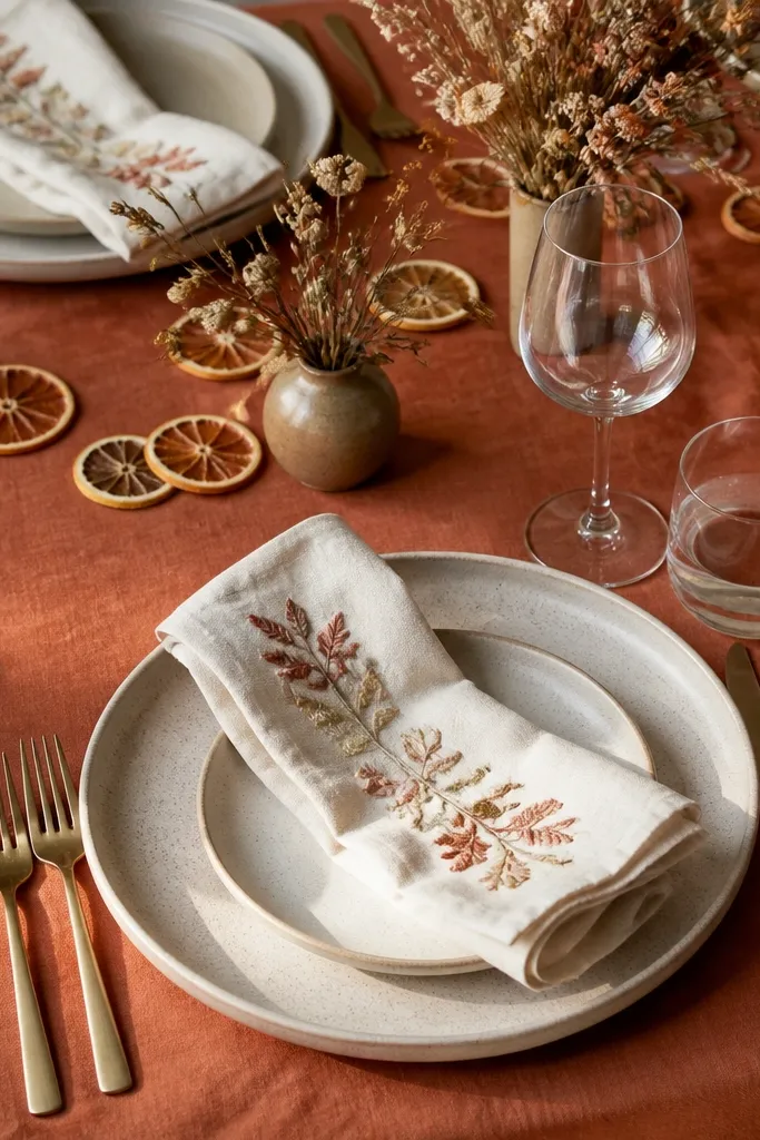 Terracotta tablecloth, cream embroidered napkins, dried citrus slices scattered around plates