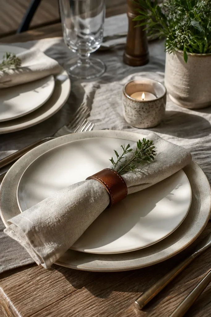 Warm white plates, soft gray table runner, leather napkin rings, minimal greenery