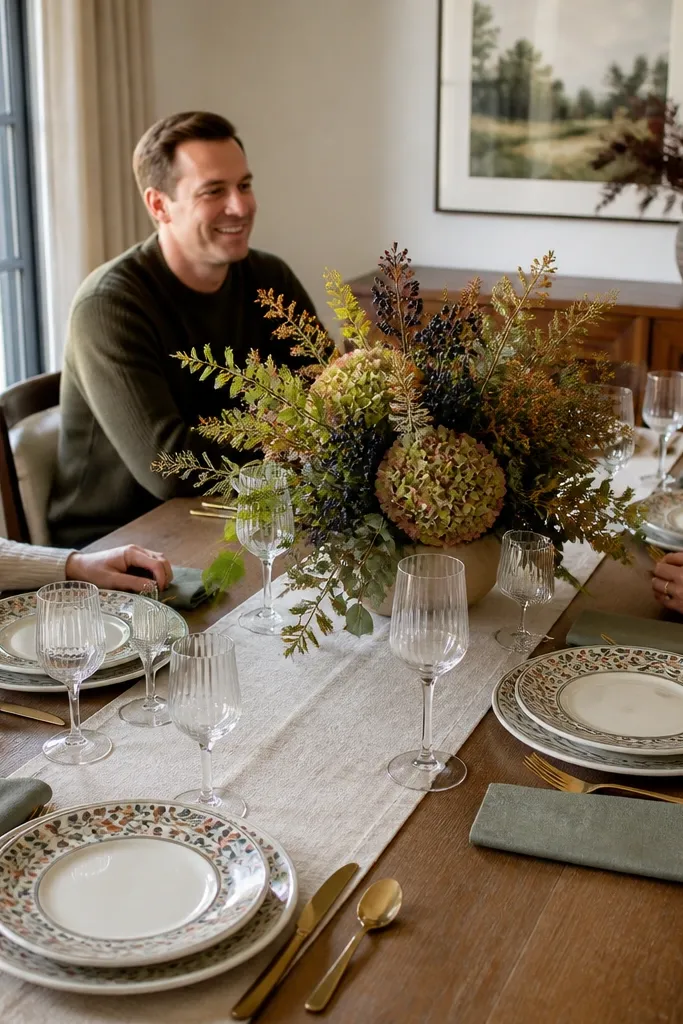 Mixed patterned plates, solid napkins, and one tall-but-low statement centerpiece