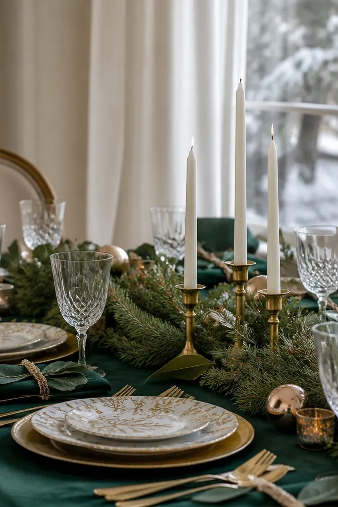 Deep emerald table accents, gold snowflake plates, white taper candles in a trio