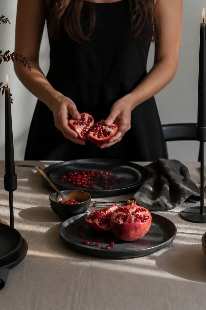 Tan linen table with black plates, pomegranate seeds, and matte black candles