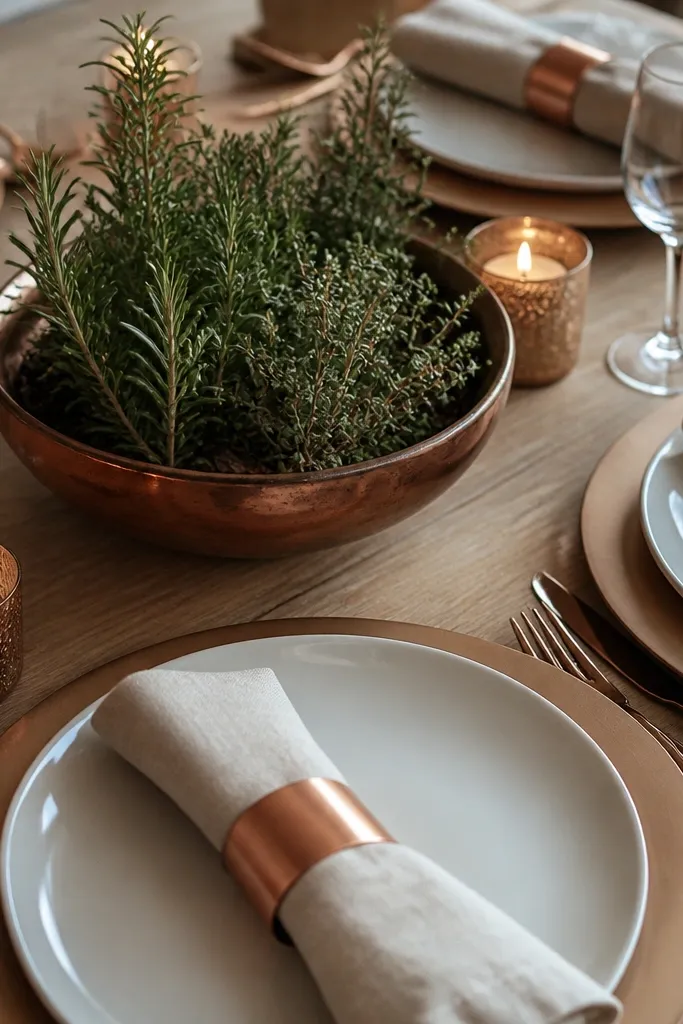 Ivory plates with folded cream napkins, copper rings, and a low green herb centerpiece