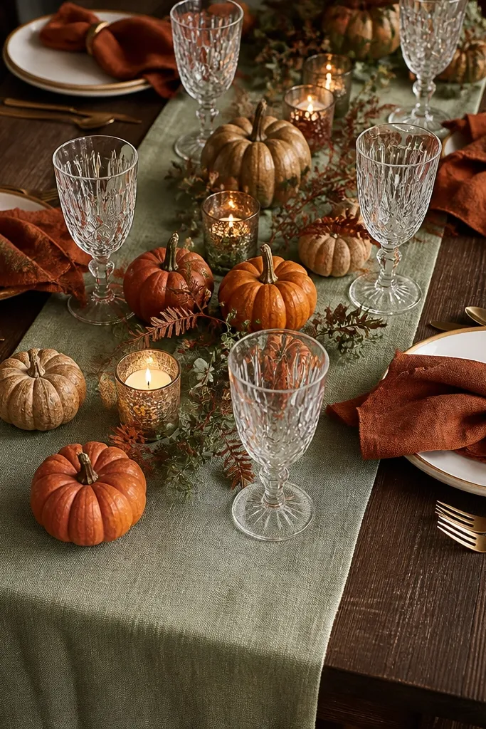Cream plates with rust napkins and a sage runner, with small pumpkins scattered down the table