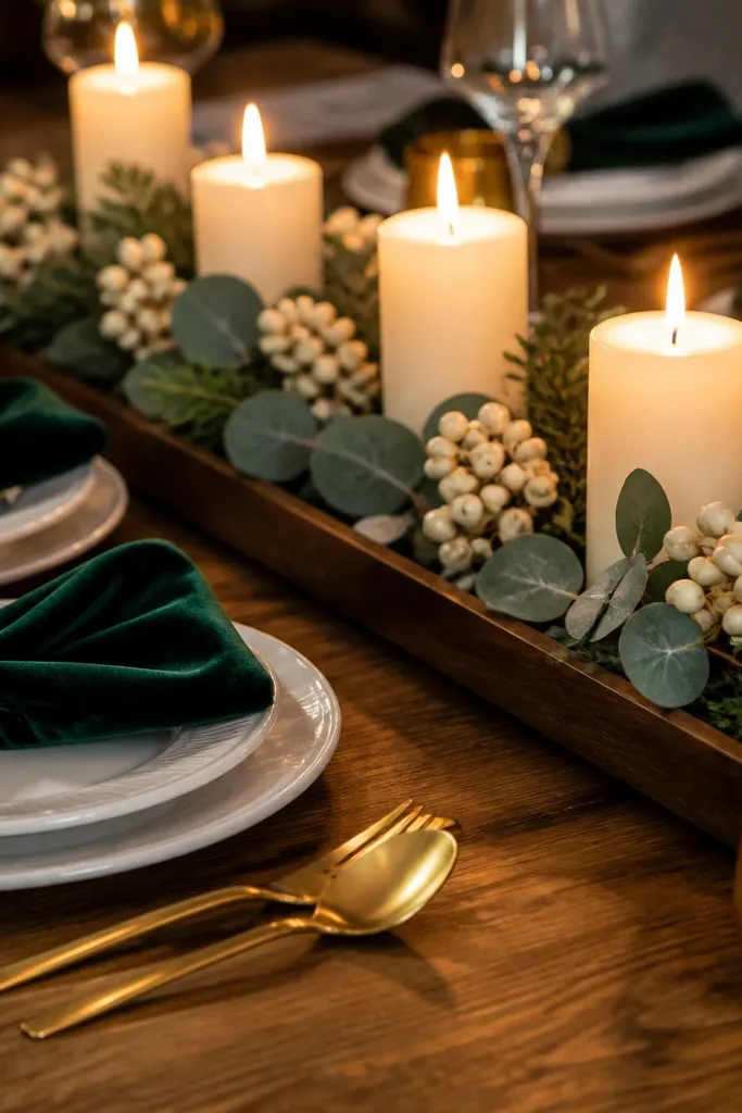 Deep green napkins with gold cutlery, white candles, and a simple white berry centerpiece