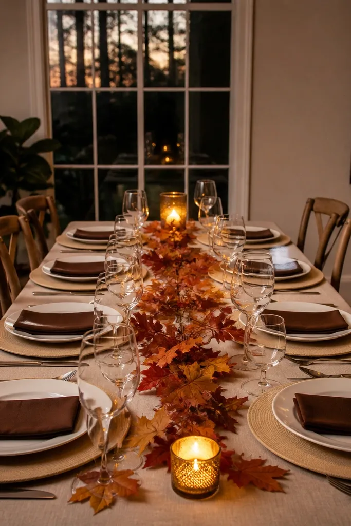 Oat chargers with chocolate brown napkins and a maple leaf garland down the center