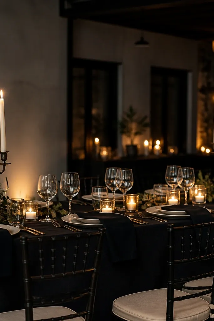 Ivory plates with black linen napkins and tall candelabra at both table ends