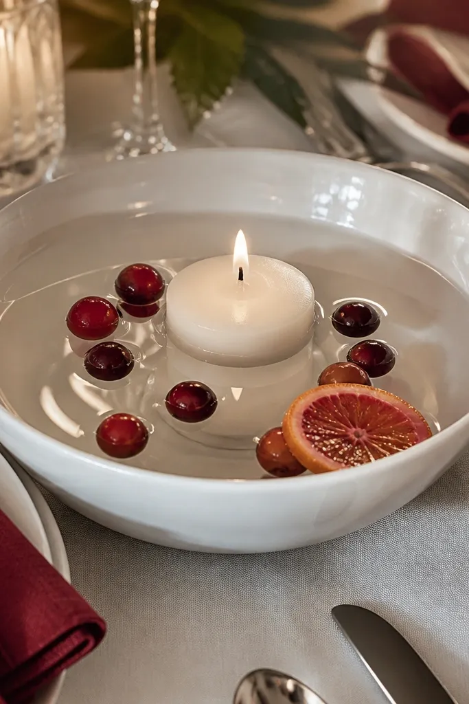 White plates with folded cranberry napkins and a centerpiece bowl with a floating candle