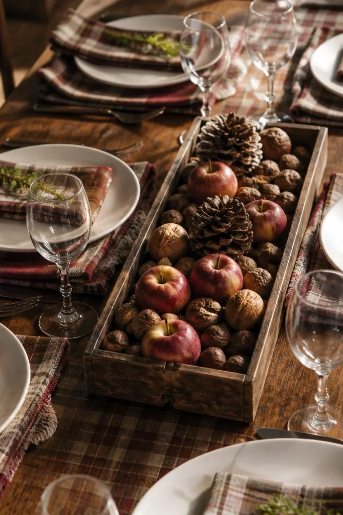 Plaid napkins with white plates and a wooden tray centerpiece of nuts and small apples