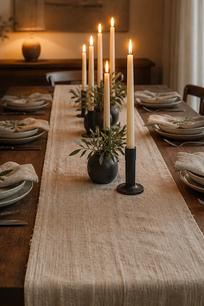 Neutral napkins on white plates with a textured linen runner and a line of tall candles