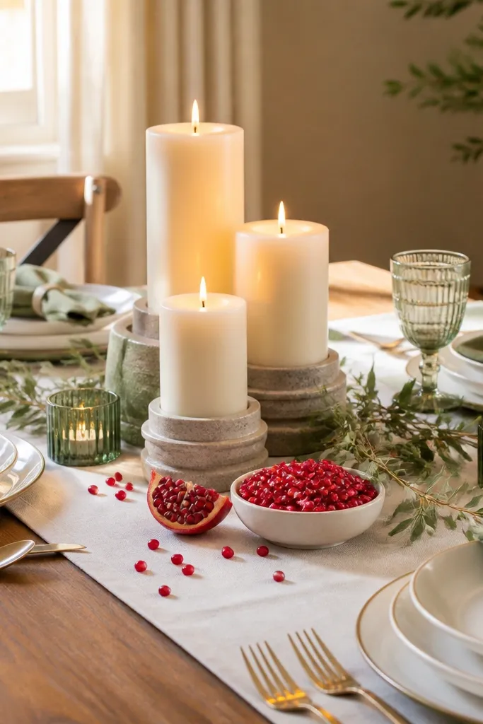 White plates with sage napkins and a centerpiece with stacked candles and pomegranate seeds