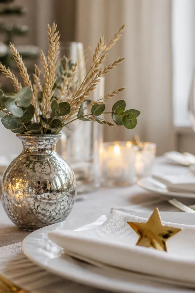 Cream napkins, white plates, gold star place cards, and a small mercury glass vase