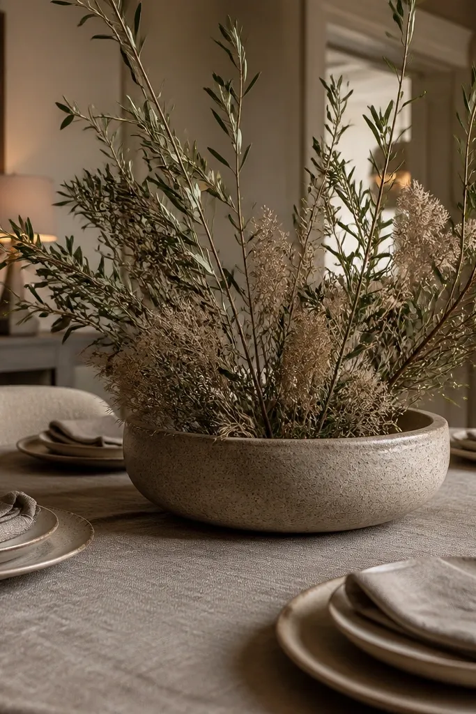 Taupe plates and linen napkins with a stoneware center bowl of branches