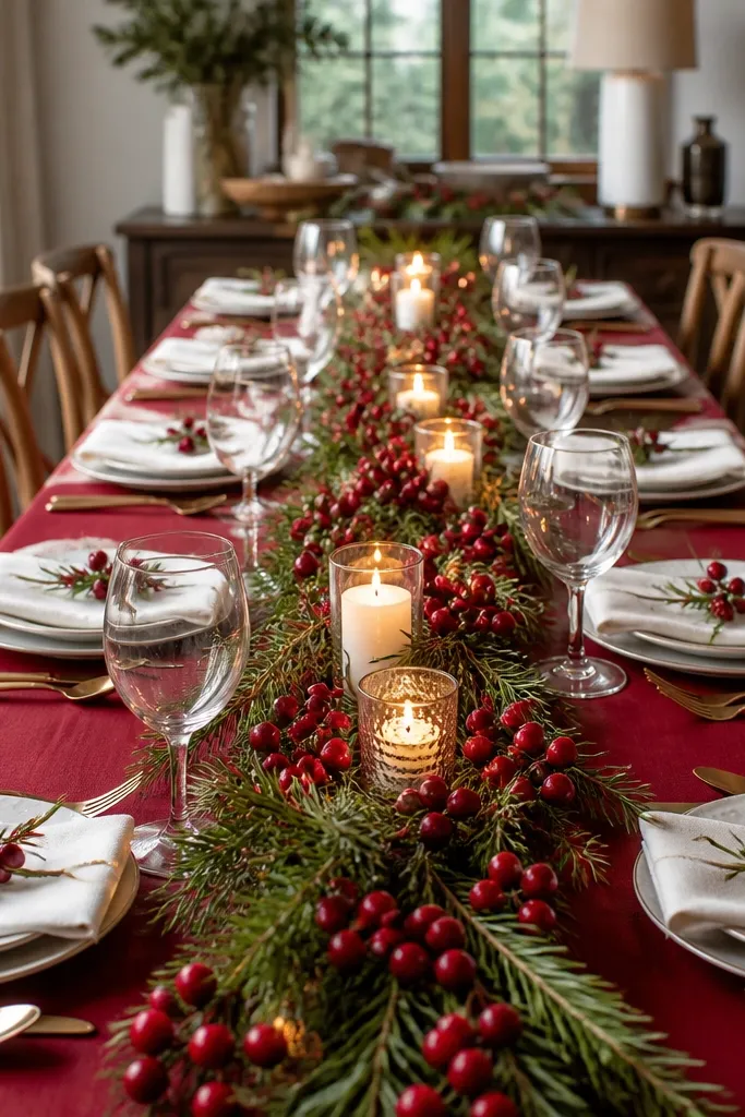 Red table runner, white napkins, and a cranberry-rosemary garland along the center