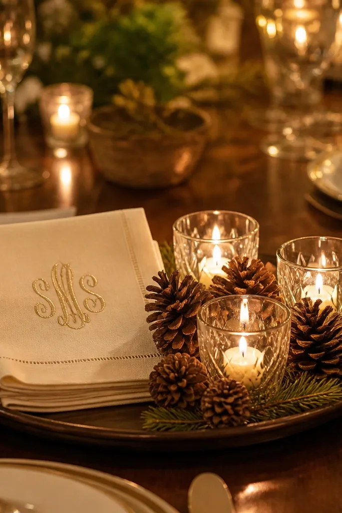 Monogram napkins, clear glass votives, and pinecone clusters as a low centerpiece