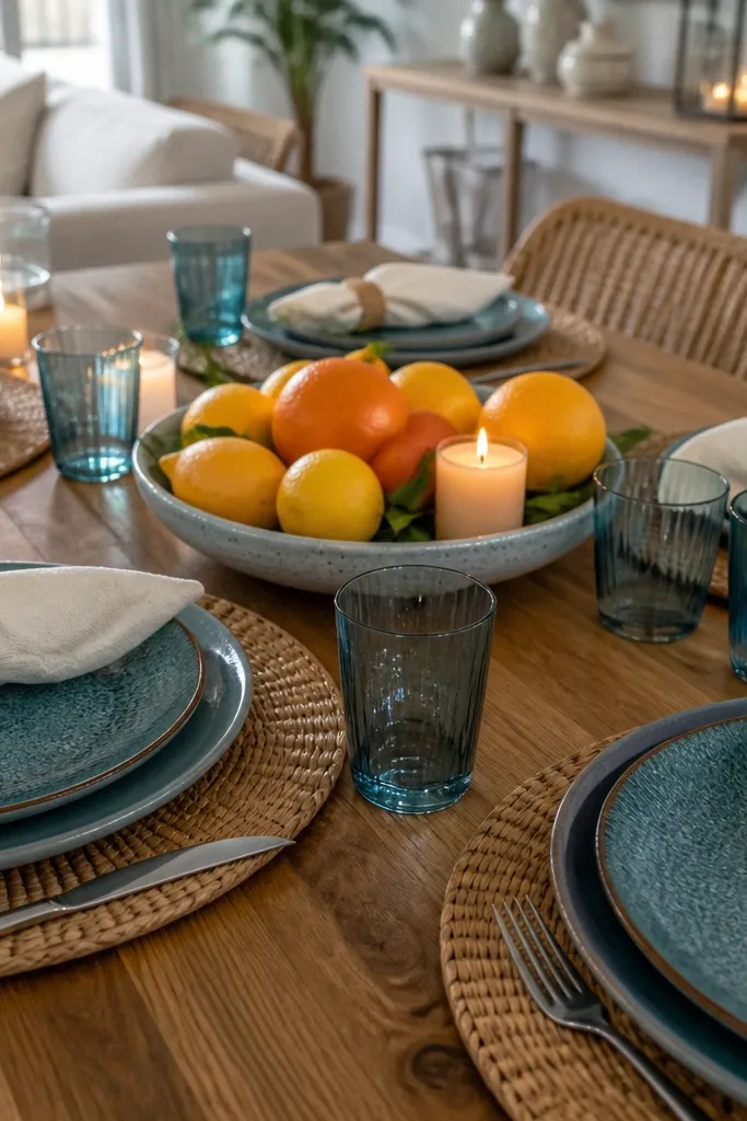 Blue-green glazed plates, cream napkins, and a citrus centerpiece with candles