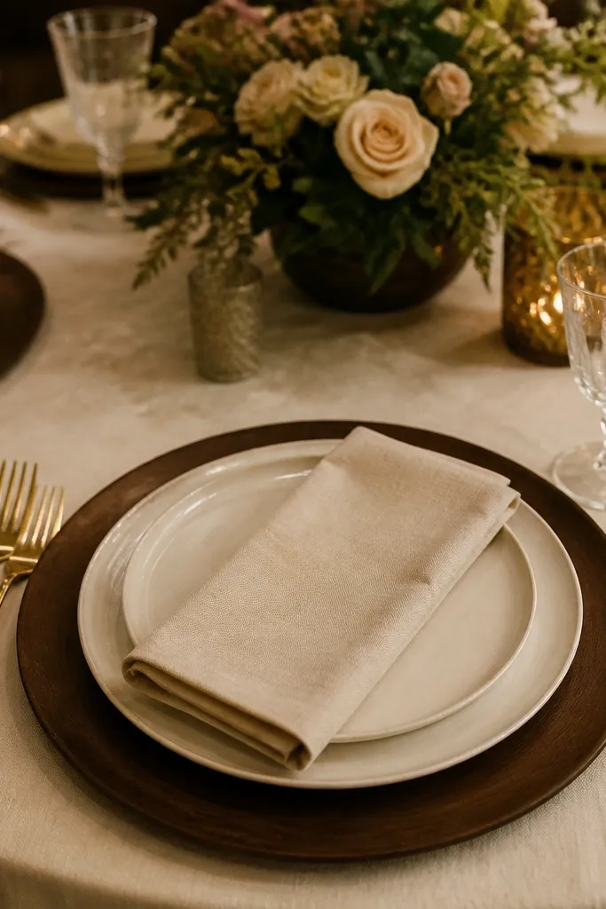 Cream table linen with espresso wood chargers and folded oat napkins