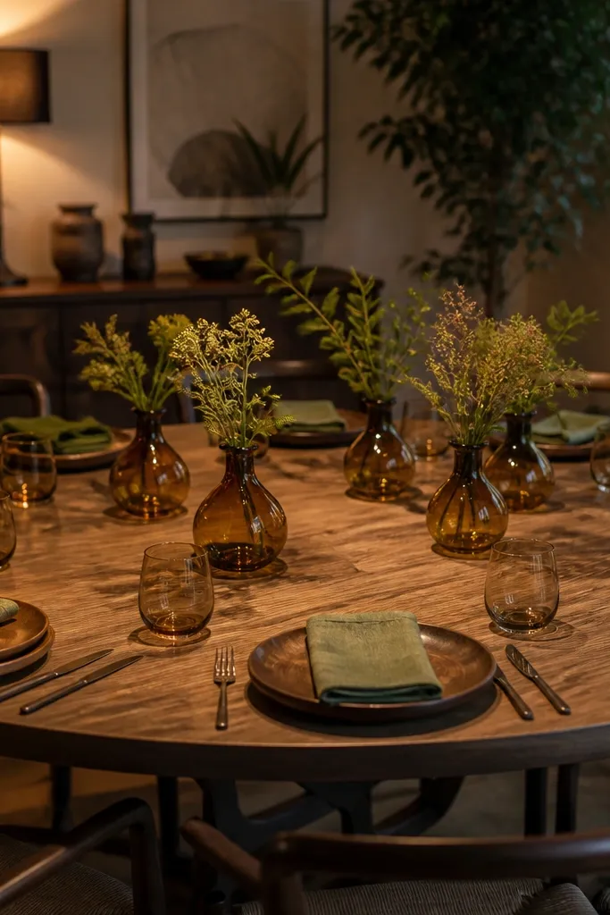 Walnut-toned plates with olive napkins and amber glass bud vases
