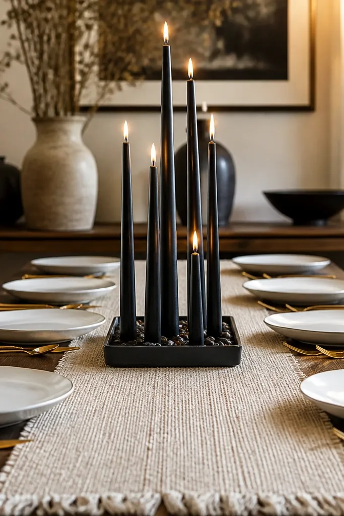 Oat textured runner with black taper candles and gold flatware