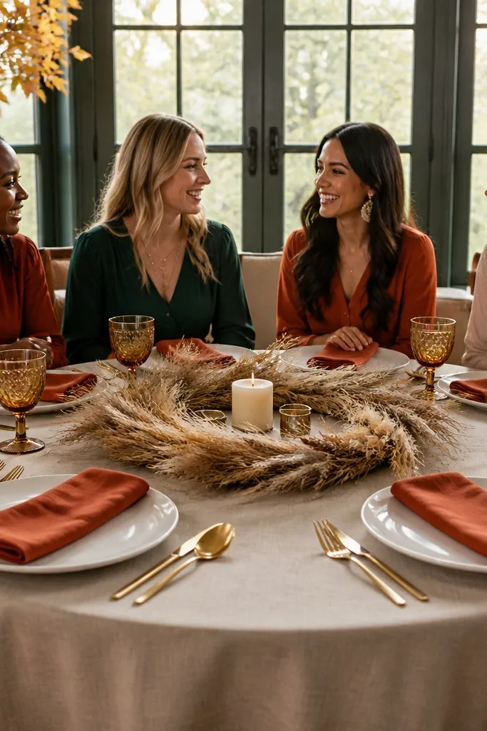 White plates with burnt orange napkins and a dried wheat ring centerpiece