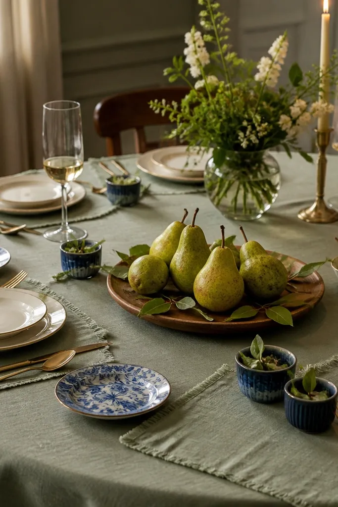 Soft sage tablecloth with porcelain blue accents and a pear centerpiece